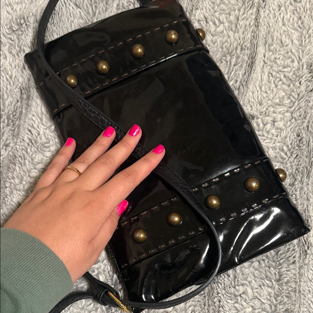 Glossy Black Crossbody Bag with Buckle Accents - Picture 5 of 5